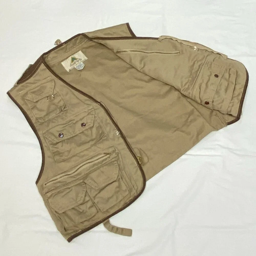 Stansport Vintage Outdoor Fish Hunt Angler Utility Pocket Pouch Vest Tan Brown L